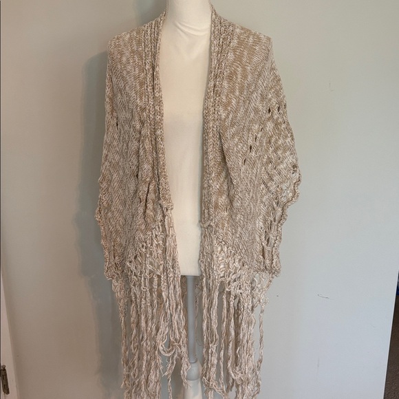 Boho Fringe Knit Kimono Cardigan Cream Open Knit Festival Beach Cover Up - Picture 3 of 8